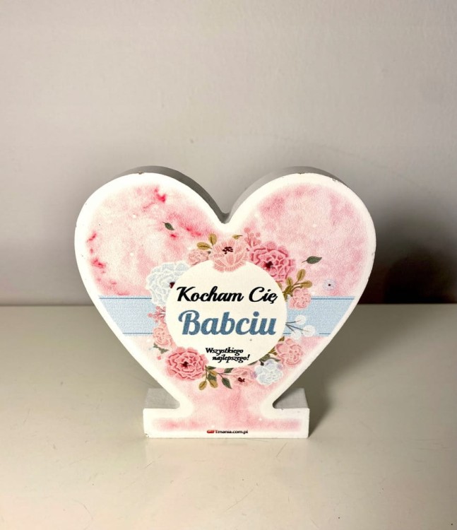 Drewniana pamiątka serce z napisem "Kocham Cię Babciu" różowo niebieska