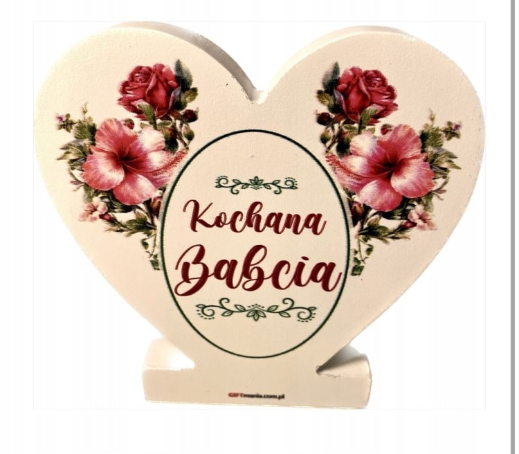 Drewniana pamiątka serce z napisem "Kochana Babcia" czerwono zielone kwiaty