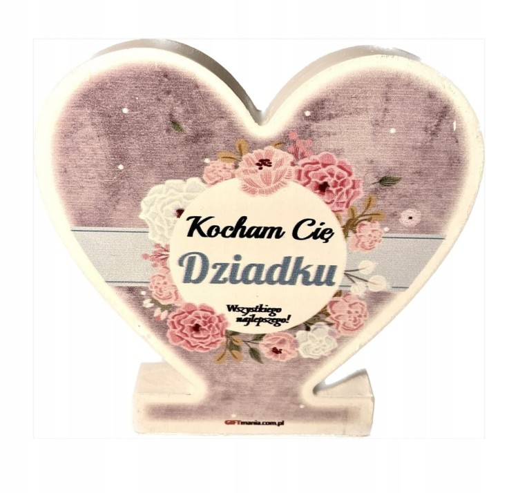 Drewniana pamiątka serce z napisem "Kocham Cię Dziadku" różowo niebieska