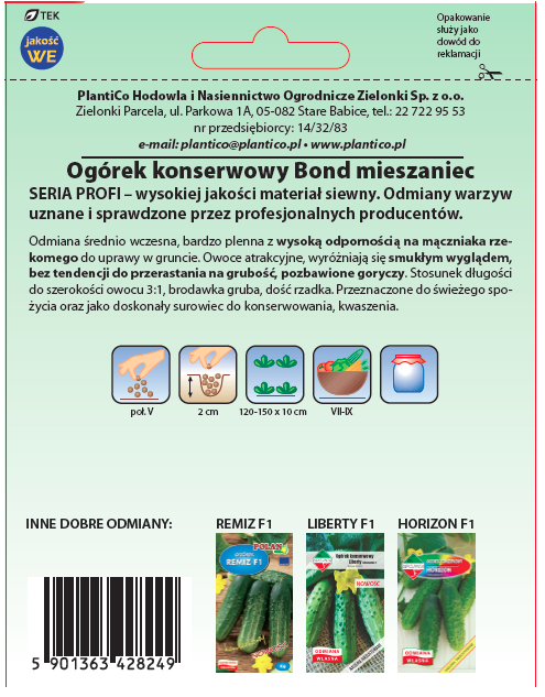 Ogórek Bond F1 2g odmiana profesjonalna nasiona ogórka